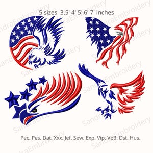 Patriotic Eagle Machine Embroidery Set – 4 American Flag Eagle Designs – 5 Sizes (3.5&quot;–7&quot;) – 4th of July Embroidery – Instant Download