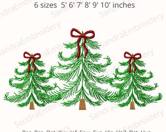 May include: Three embroidered Christmas trees with green needles, brown trunks, and red bows. The design is available in six sizes, ranging from 12.7 cm to 25.4 cm. The text "Sandra Embroidery" is repeated throughout the image.