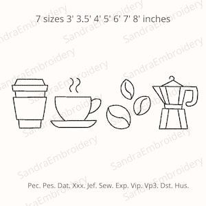 May include: Black line art of coffee-related items, including a to-go cup, a coffee cup with steam, coffee beans, and a stovetop espresso maker. The text above reads "7 sizes 3' 3.5' 4' 5' 6' 7' 8' inches".