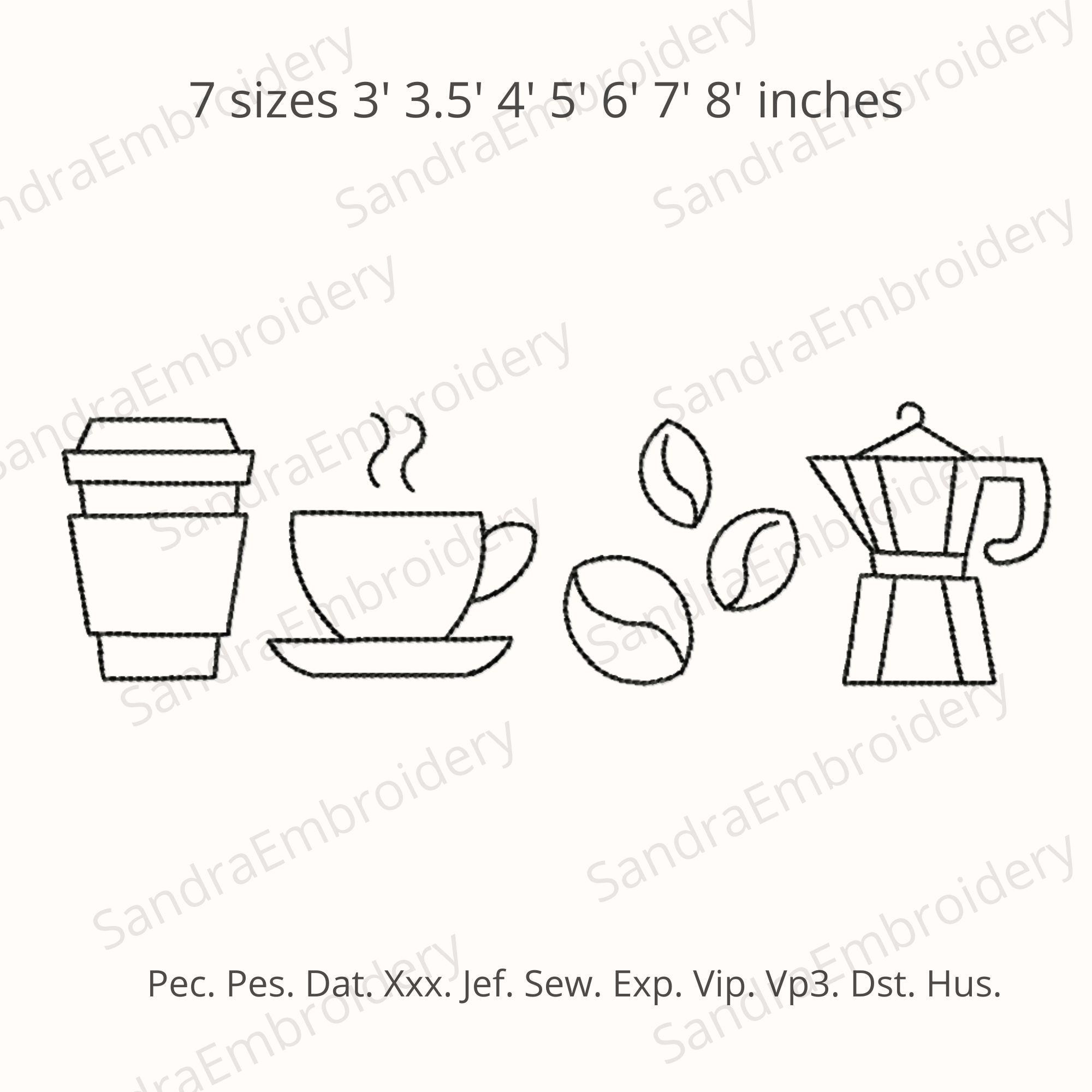 Coffee Line Art Embroidery Design – Moka Pot, Cup, Beans – 7 Sizes – Minimalist Coffee Stitch – Instant Download