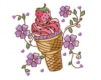 May include: A pink and brown ice cream cone with a strawberry on top, surrounded by purple flowers and green vines.