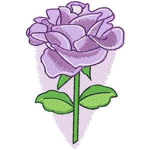 May include: A single purple rose with green leaves and a stem. The rose is stylised and has a soft, faded look.