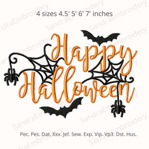 Happy Halloween embroidery design– Spooky Lettering with Bats and Spiders – Machine Embroidery File – Digital Download – 4 Sizes Included