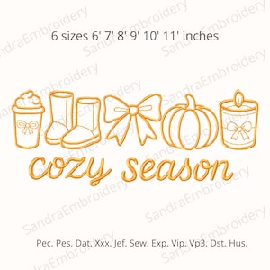 Cozy Season Autumn Embroidery Design – Fall Outline Stitch – Pumpkin, Leaves, Coffee, Candle – 6 Sizes – Instant Download