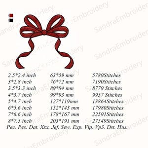 May include: An embroidered design of a red bow with flowing ribbons. The design includes size and stitch count information. The bow measures from 63 x 59 mm to 203 x 191 mm.