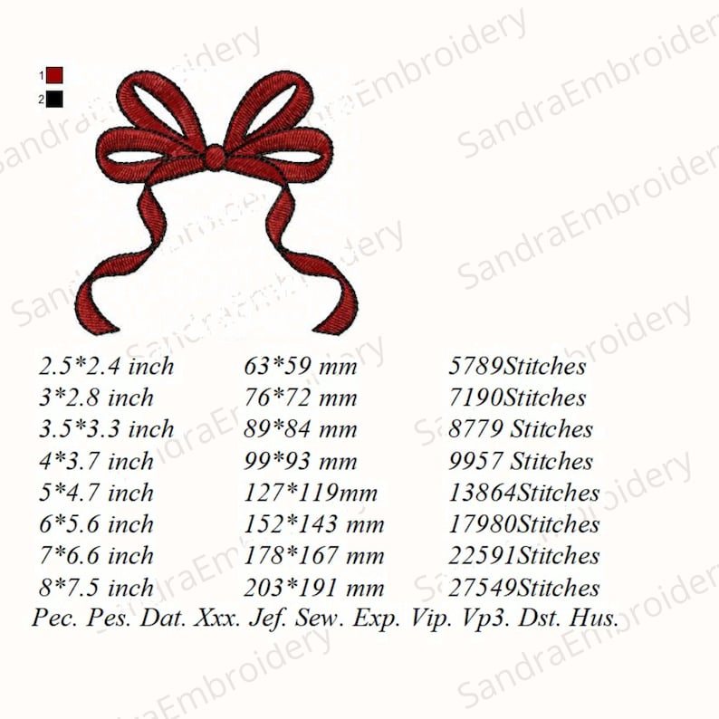 May include: An embroidered design of a red bow with flowing ribbons. The design includes size and stitch count information. The bow measures from 63 x 59 mm to 203 x 191 mm.