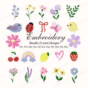 Mini kawaii Embroidery Design Bundle – 22 Small Spring & Cute Icons | Pastel Machine Embroidery Files | Digital Download