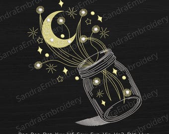 Magic Jar Embroidery Design: Moon and Stars (Instant Download, 7 Sizes)
