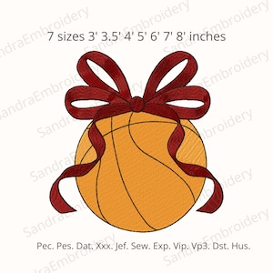 May include: An embroidered design featuring a basketball with a burgundy ribbon bow. The design includes the text "7 sizes 3' 3.5' 4' 5' 6' 7' 8' inches". The basketball is orange with black lines.