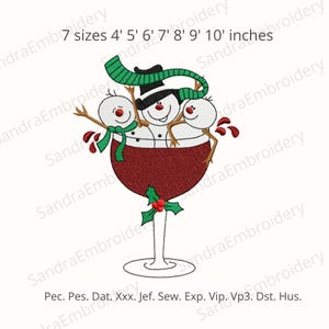 May include: A whimsical Christmas design featuring three snowmen in a wine glass. The snowmen wear black hats, green scarves, and have twig arms. The glass is burgundy with a holly accent. Text reads "7 sizes 4' 5' 6' 7' 8' 9' 10' inches".