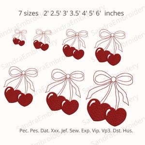 May include: An embroidered design featuring two red heart-shaped cherries tied with a bow. The design is available in seven sizes, ranging from 2 to 6 inches. The text "7 sizes" and size measurements are visible.