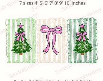May include: Embroidered Christmas designs featuring a pink bow and Christmas trees with pink bows and star toppers. The designs are set on striped backgrounds with scalloped edges. Text includes "7 sizes 122cm 152cm 183cm 213cm 244cm 274cm 305cm inches".