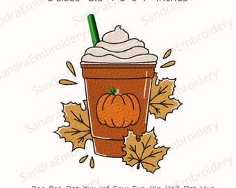 Coffee latte pumpkin fall embroidery design -  Fall Coffee Cup Stitch File – Autumn Leaves -  5 sizes Instant Download