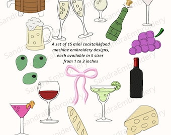 Mini Cocktail & Food Embroidery Designs: 15 Machine Embroidery Files (Instant Download)