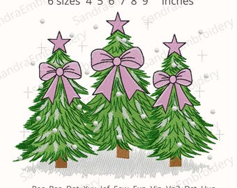 May include: An embroidered design of three green Christmas trees, each adorned with a pink bow and star. The design is available in six sizes, from 10.16 cm to 22.86 cm. White accents and text are also present.