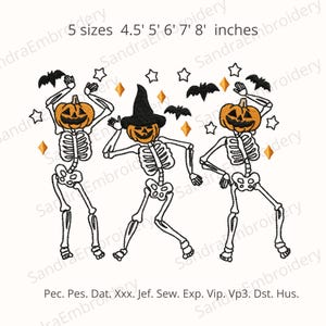 May include: An embroidery design featuring three dancing skeletons with jack-o'-lantern heads, bats, stars, and diamonds. The design includes the text "5 sizes 4.5' 5' 6' 7' 8' inches" and various file format abbreviations. Perfect for Halloween projects.