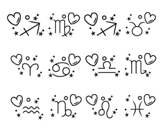 May include: Black and white line art illustrations of the 12 zodiac signs with hearts and stars. Each sign is paired with a heart and stars.