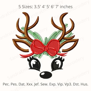 Cute Reindeer with Bow Machine Embroidery Design, Christmas Digital File in 5 Sizes