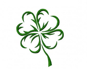 May include: A green four-leaf clover with a stylized design. The clover is outlined in a darker green and has a stem.