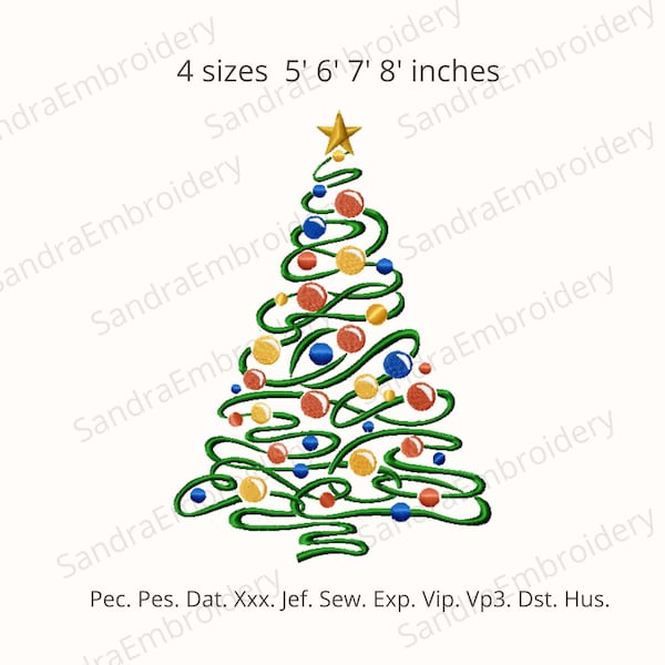 Minimalist Christmas Tree Machine Embroidery Design, Abstract Holiday Swirl File in 4 Sizes Instant Download