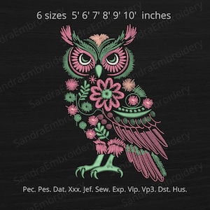 May include: Embroidered owl design in pink, green, and peach on a black background. The owl features floral and geometric patterns. The text "6 sizes 5' 6' 7' 8' 9' 10' inches" is at the top. The design is from Sandra Embroidery.