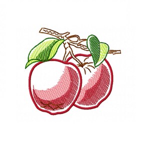 May include: Two red apples with green leaves on a branch. The apples are drawn in a simple, stylized way, with a red outline and a pink fill.