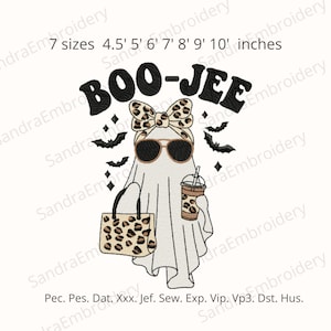 May include: An embroidery design featuring a ghost wearing a leopard print bow and sunglasses, holding a leopard print handbag and a coffee cup. The text reads BOO-JEE with 7 sizes 4.5, 5, 6, 7, 8, 9, 10 inches and file formats Pec, Pes, Dat, Xxx, Jef, Sew, Exp, Vip, Vp3, Dst, Hus.