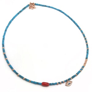 925 Sterling Silver Turquoise and Coral Stone Necklace