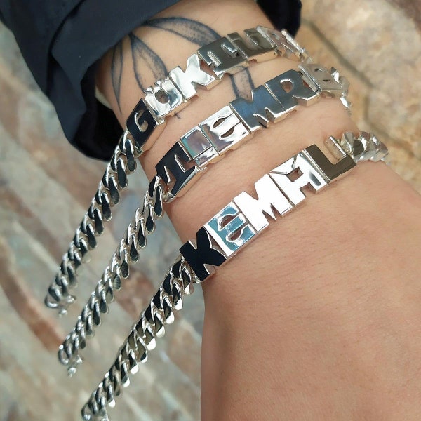 925 Sterling Silver Handmade Name Lettering Men Women Chain Bracelet