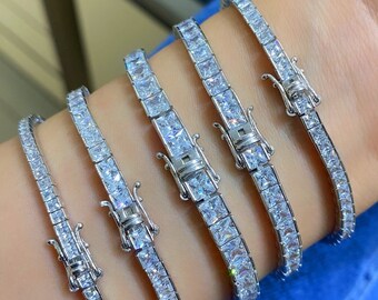 925 Sterling Silver Square Tennis Link Stone Bracelet - Etsy