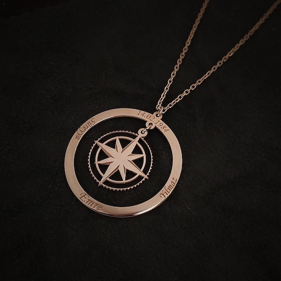 925 Sterling Silver compass necklace with personalized name