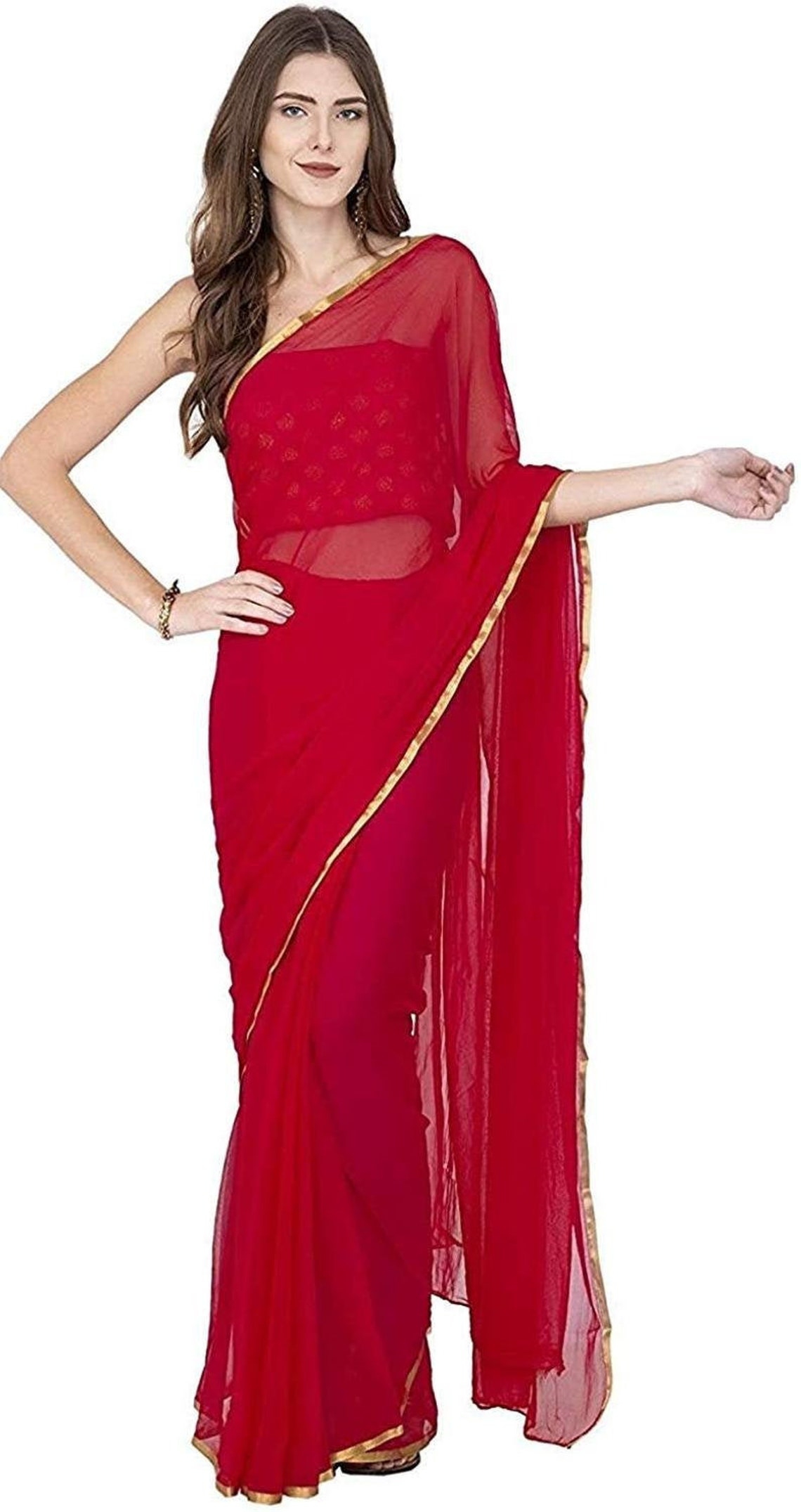 Red Chiffon Saree With Golden Border And Brocade Silk Unstitched Etsy