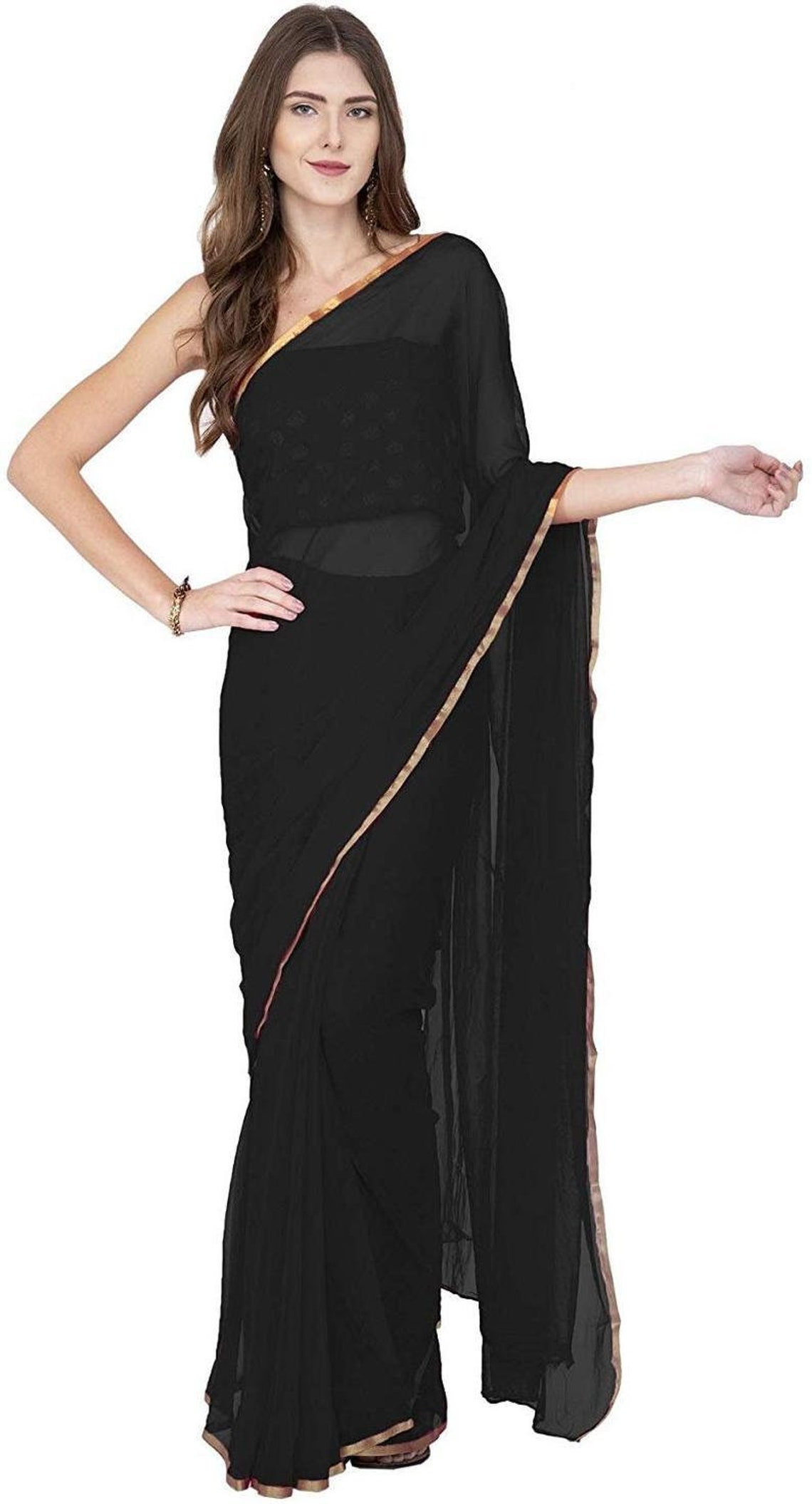 Black Chiffon Saree With Golden Border & Brocade Silk Etsy