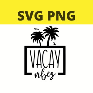 Op de afbeelding: Zwart-wit grafisch ontwerp met twee palmbomen en de tekst "Vacay vibes" in een vierkant kader.
