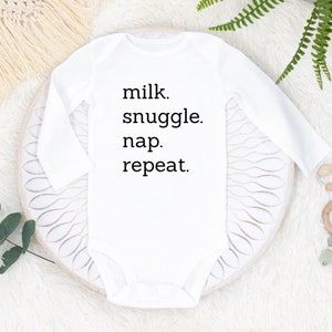Melk lekker dutje herhalen SVG png, baby ontwerp svg, onesie svg, baby shower svg, schattige baby quote, baby shower cadeau gesneden bestand, onesie SVG