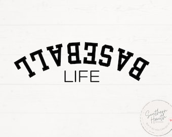 May include: Black and white graphic design with the text "BASEBALL LIFE" in a varsity style font.