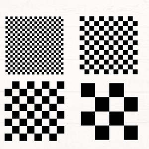 May include: Four different black and white checkered patterns. The top left pattern is a small checkered pattern. The top right pattern is a larger checkered pattern. The bottom left pattern is a medium checkered pattern. The bottom right pattern is a large checkered pattern.