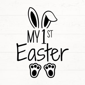 May include: Black and white graphic design with bunny ears, the text "MY 1ST Easter" and two bunny footprints.