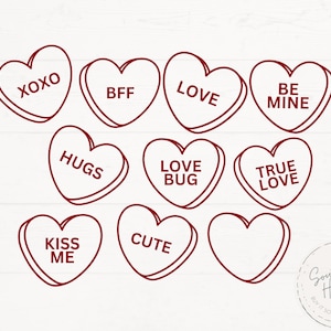 May include: Nine red heart-shaped candy conversation hearts with different messages: XOXO, BFF, LOVE, BE MINE, HUGS, LOVE BUG, TRUE LOVE, KISS ME, and CUTE.