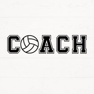 Könnte beinhalten: Schwarz-weißes Grafikdesign des Wortes "COACH" mit einem Volleyball in der Mitte des Wortes.