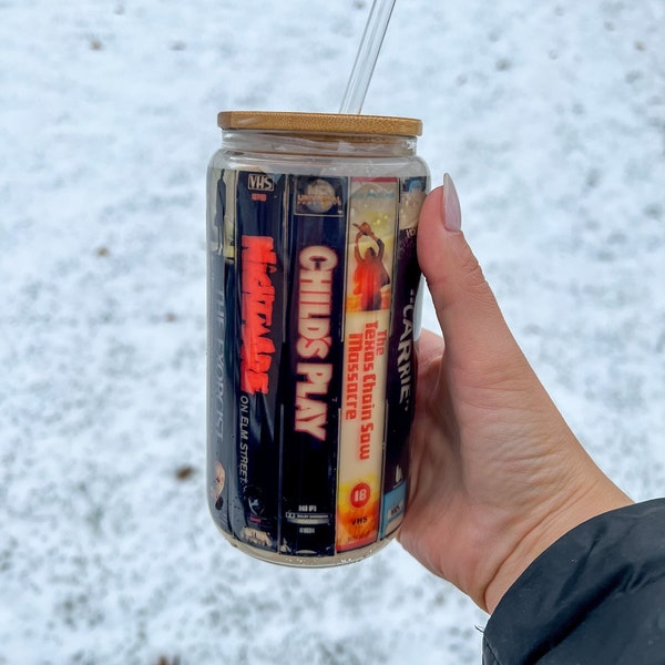 Horror Movie VHS Glass Can Tumbler with Lid and Straw, Halloween Iced Coffee Glass Cup, Trending Coffee Cup , Beer Glass, Spooky Season