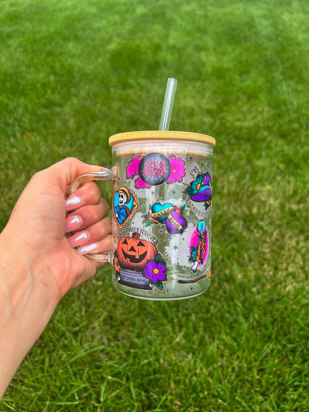 Halloween Town Glass Mug With Lid and Straw, Spooky Season Cup