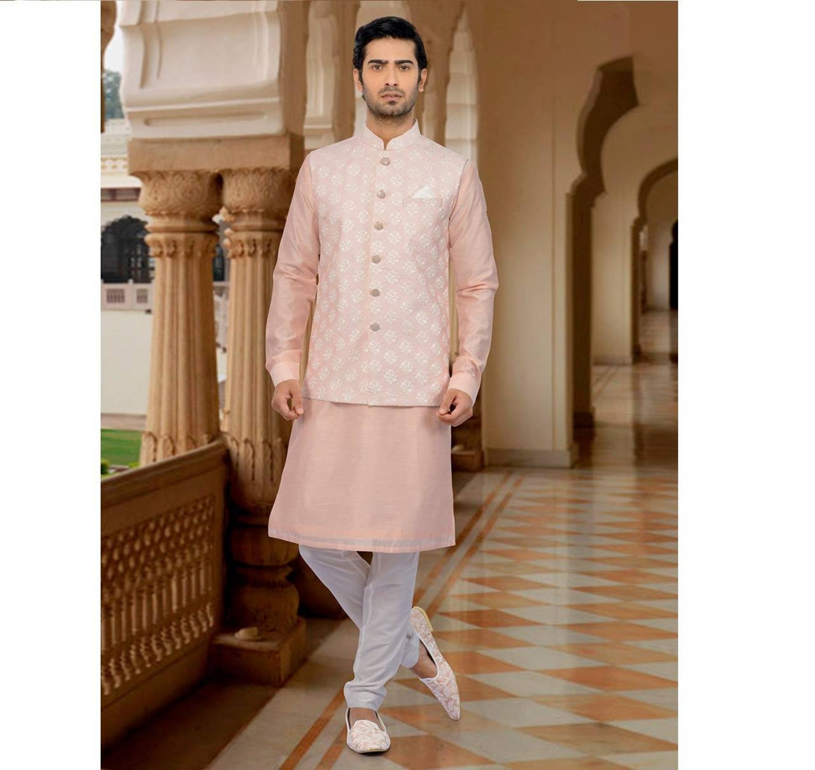 Peach Hue Cotton Silk Waistcoat Set for mens kurta set kurta Etsy