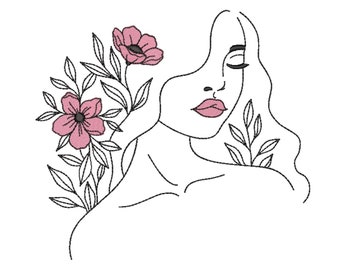 Women's face with flowers embroidery design, line art embroidery file