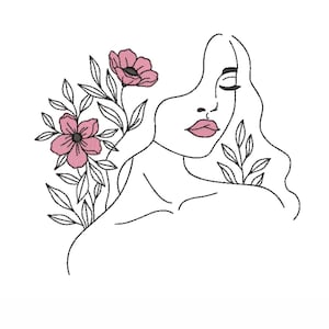 Women&#39;s face with flowers embroidery design, line art embroidery file