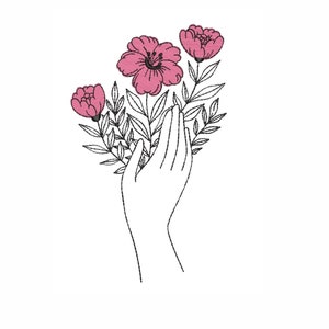 Hand with flowers embroidery design, line art embroidery file
