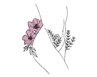 花の刺繍デザインを持つ裸の女性、線画刺繍ファイル