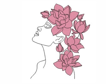 Lady with flowers embroidery design, line art embroidery file