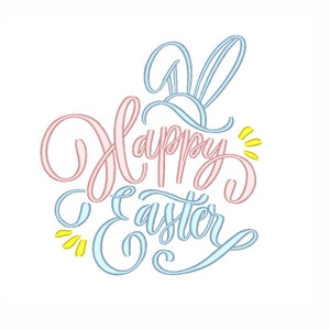 May include: Happy Easter text in pink and blue script with bunny ears in blue above the text. Yellow stars are on either side of the text.