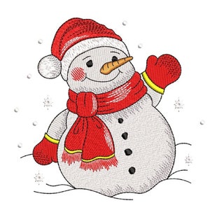 Peut inclure: Un bonhomme de neige souriant portant un chapeau rouge, une écharpe rouge et des mitaines rouges. Le bonhomme de neige est debout dans la neige avec des flocons de neige qui tombent autour de lui.